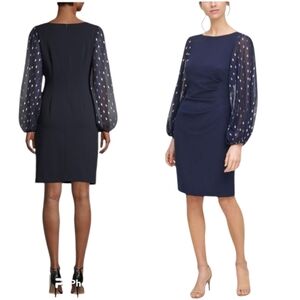 Jessica Howard Woman Dress Blouson- Long Chiffon Sleeve Side- pleated Sheath